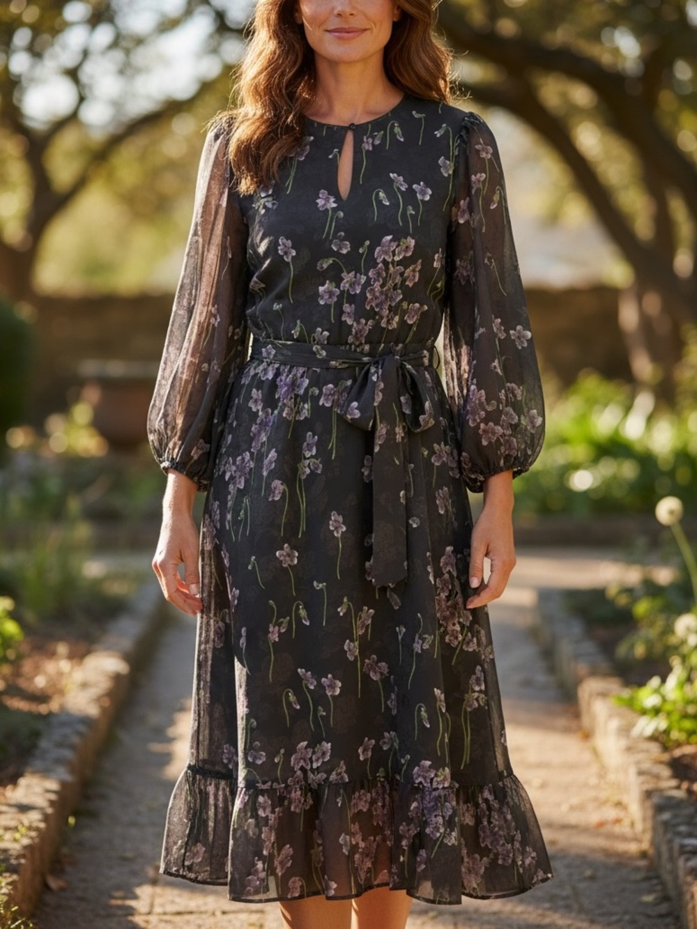 Lauren Ralph Lauren Black Floral Long Sleeve Tiered Boho Maxi Dress Sz 16